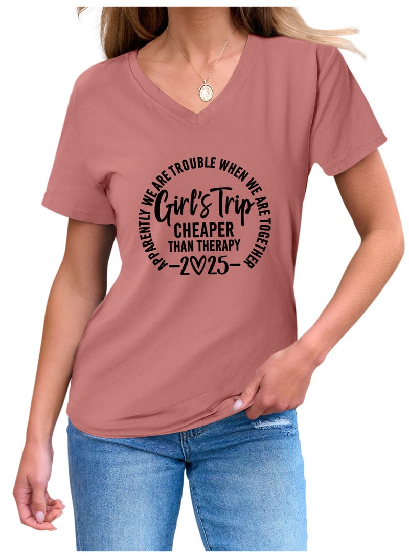 Women Funny Short Sleeve V Neck T Shirt Summer Vacation Tees - Image 2