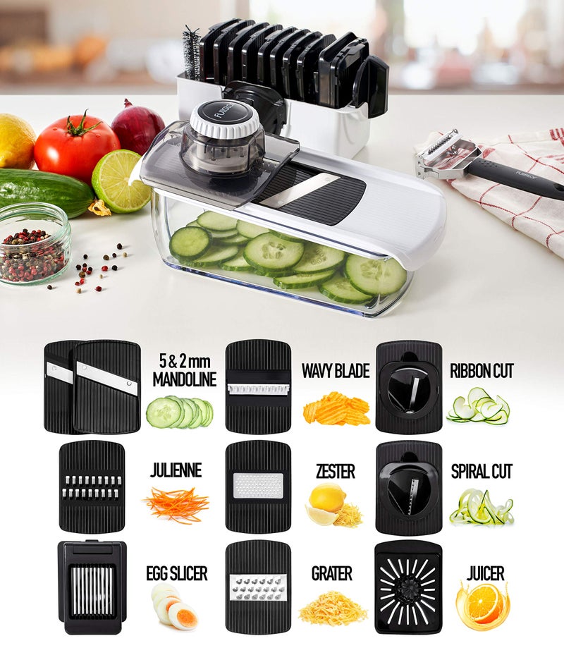 Fullstar آلة تقطيع الماندولين من فولستار للمطبخ، آلة تقطيع الخيار، مبشرة الجبن، آلة Spiralizer للخضروات وآلة تقطيع الخضار للطهي، منظم أدوات المطبخ وقفاز الأمان متضمن (11 في 1، أبيض) - Image 3
