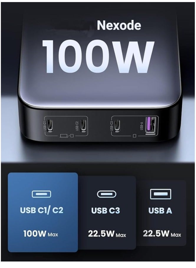 ريبنيو شاحن Nexode 100 واط للكمبيوتر المحمول USB C شاحن حائط سطح المكتب بأربعة منافذ من النوع C محول طاقة بمقبس المملكة المتحدة محطة شحن USB لسطح المكتب لأجهزة الكمبيوتر المحمول وأجهزة Steam وأجهزة الكمبيوتر اللوحية والهواتف الذكية - رمادي. - Image 4