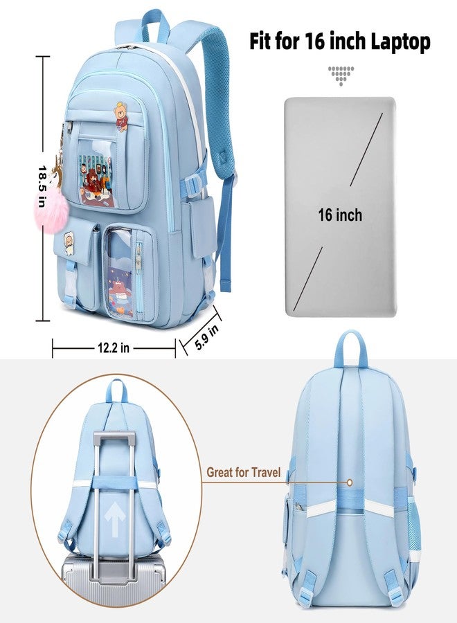 LXYGD Backpack for Girls with Accessories Laptop Bookbags 16 Inch Kawaii School Bag College Travel Daypack for Teens, Blue, 12.2" x 5.9" x 17.8" - Image 5