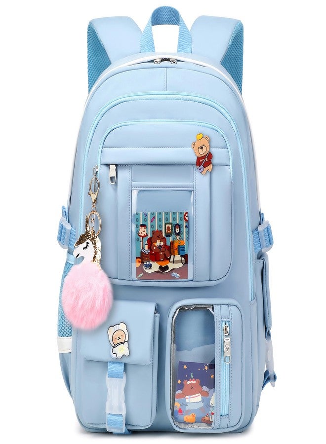 LXYGD Backpack for Girls with Accessories Laptop Bookbags 16 Inch Kawaii School Bag College Travel Daypack for Teens, Blue, 12.2" x 5.9" x 17.8" - Image 1