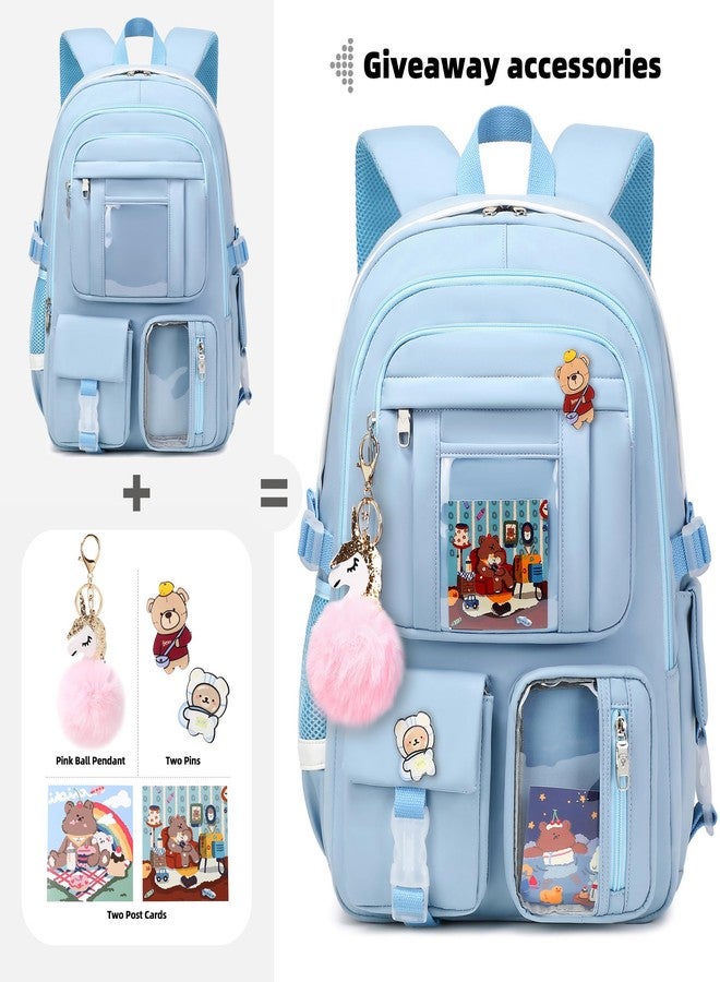 LXYGD Backpack for Girls with Accessories Laptop Bookbags 16 Inch Kawaii School Bag College Travel Daypack for Teens, Blue, 12.2" x 5.9" x 17.8" - Image 3
