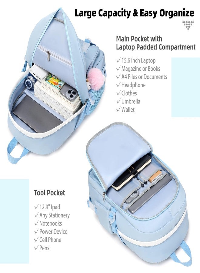 LXYGD Backpack for Girls with Accessories Laptop Bookbags 16 Inch Kawaii School Bag College Travel Daypack for Teens, Blue, 12.2" x 5.9" x 17.8" - Image 2