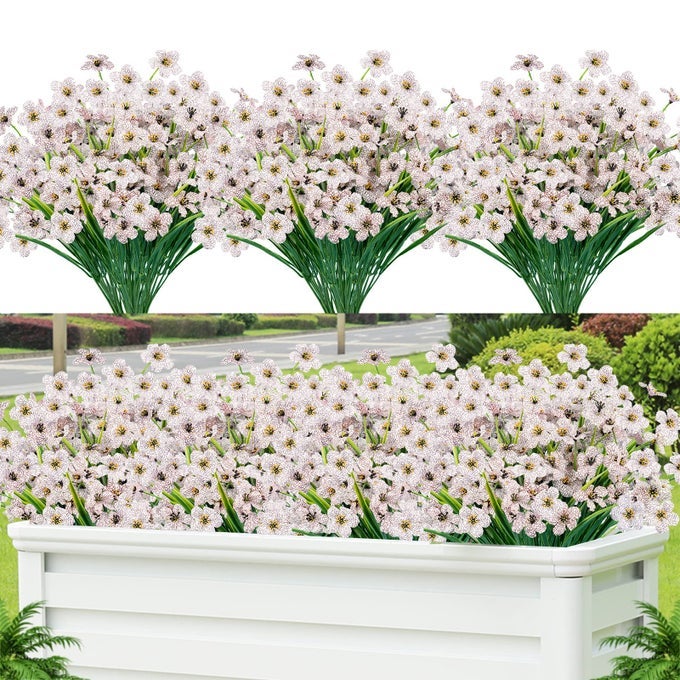 12 PCS ARTIFICIAL FLOWERS FOR OUTDOORPLASTIC FLOWERS DECORATION UV RESISTANT FAUX FLOWERS SHRUBS ARTIFICIAL PLANTS FOR INDOOR OUTSIDE GARDEN HOME WEDDING FARMHOUSEWHITE