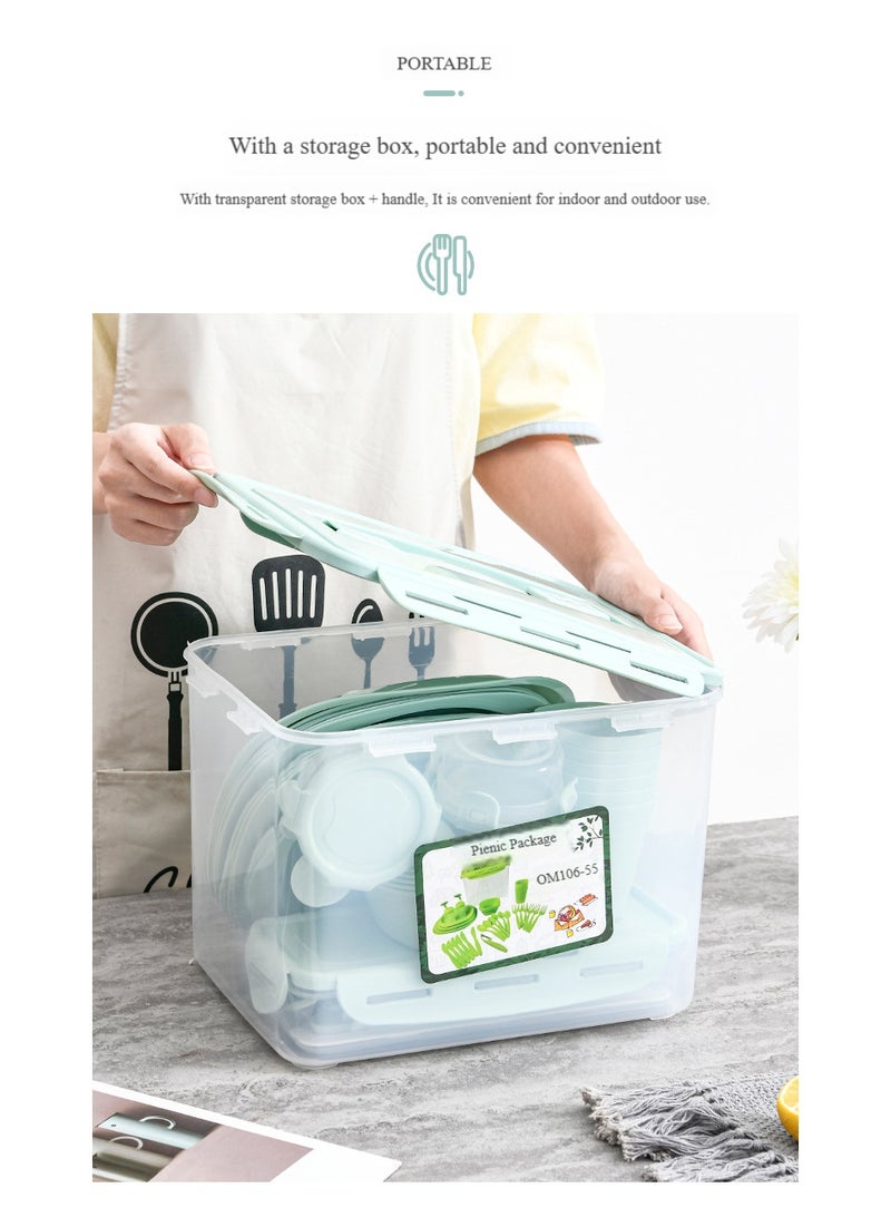 هاهاهاي طقم أدوات مائدة خارجي مكون من 65 قطعة من أدوات المائدة الخارجية، طقم أدوات مائدة للنزهات 、 يتضمن الطقم مجموعة متنوعة من الأطباق والأوعية والأكواب وأدوات المائدة وزجاجات التوابل ومقشرة وصناديق حفظ الطعام الطازج. - Image 3