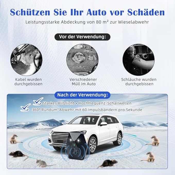 rayihni Pack of 2 Marten Deterrent Car with Multi-Frequency Ultrasound and Flash Light, Efficient Long-Term Marten Repellent, Car Battery Operated, Marten Protection for Car, Intelligent Start/Stop Function - Image 2