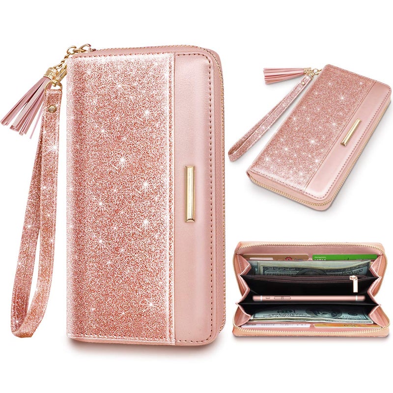 Coco Rossi Wallets for Women Pink Glitter Leather Card Holder Organizer Ladies Clutch with Tassel Wristlet Wrist strap - Image 1