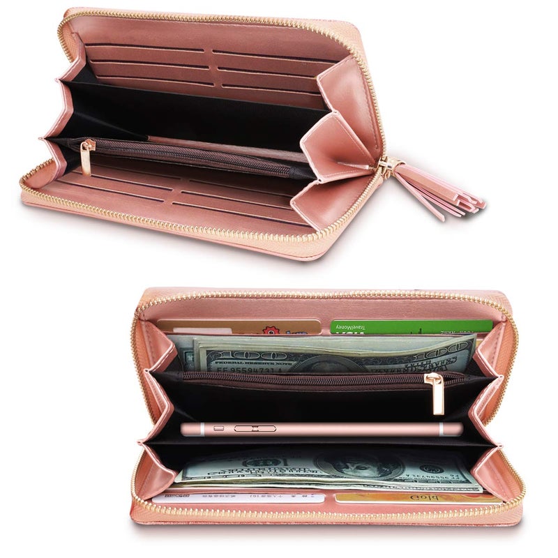 Coco Rossi Wallets for Women Pink Glitter Leather Card Holder Organizer Ladies Clutch with Tassel Wristlet Wrist strap - Image 2
