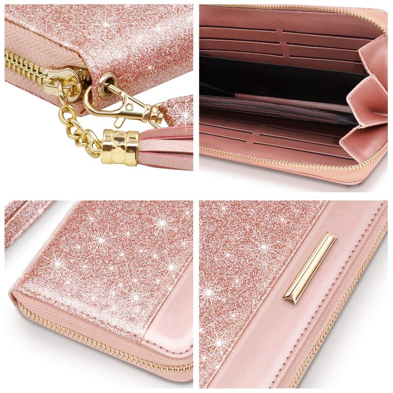 Coco Rossi Wallets for Women Pink Glitter Leather Card Holder Organizer Ladies Clutch with Tassel Wristlet Wrist strap - Image 4