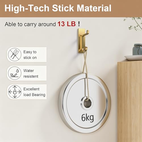 pickpiff Self Adhesive Hooks, Extra Sticky 10LB (Max), Heavy Duty Stainless, Stick On Wall and Door Hooks for Hanging, Bathroom Towel Hooks and Coat Hooks, Robe Hook Wall Mounted, Gold, 4 Pack - Image 2