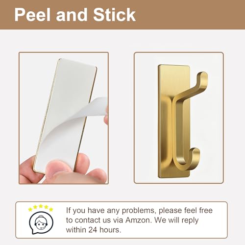 pickpiff Self Adhesive Hooks, Extra Sticky 10LB (Max), Heavy Duty Stainless, Stick On Wall and Door Hooks for Hanging, Bathroom Towel Hooks and Coat Hooks, Robe Hook Wall Mounted, Gold, 4 Pack - Image 3