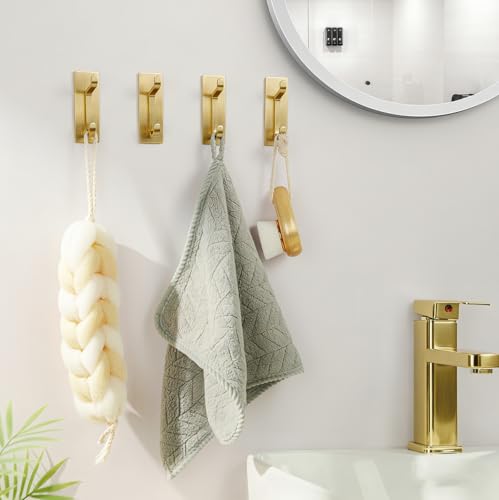 pickpiff Self Adhesive Hooks, Extra Sticky 10LB (Max), Heavy Duty Stainless, Stick On Wall and Door Hooks for Hanging, Bathroom Towel Hooks and Coat Hooks, Robe Hook Wall Mounted, Gold, 4 Pack - Image 5