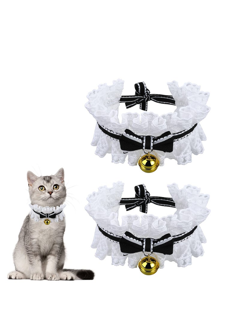 KASTWAVE 2pcs Bow Tie Cat Collar Bandana, Cat Collars with Bells Adjustable Cat Lace Bow Tie Bandana, Cats Bow Bib with Bowknot Neck Strap Kitten Collar Cat Bandana for Cats, Kitten, Small Pet(M) - Image 1