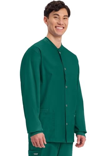 Cherokee Men’s Scrub Jacket Snap Front Medical with 3 Pockets, Knit Cuffs, Soft Fade Resistant 2-Way Stretch - WW360, XL, Hunter Green - Image 5