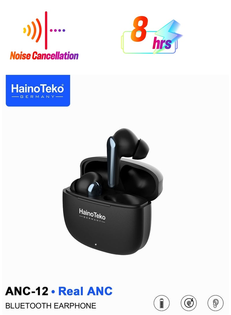 Haino Teko ANC-12 Real ANC Bluetooth Earphone With Active Noise Cancellation High Bass Sound Quality Super Clear Microphone and Easy Touch Controls Compatible With Android Mobiles and Tablets Black - Image 1