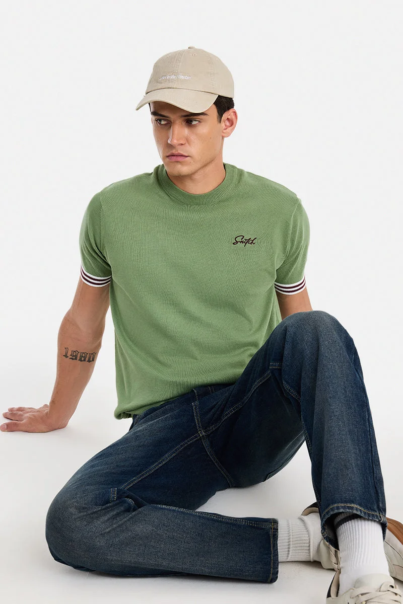 SNITCH Green Embroidered Half Sleeve Regular Fit T-Shirt