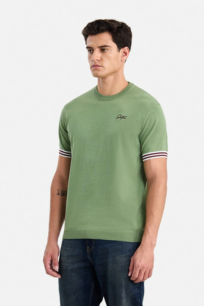 سنيتش Green Embroidered Half Sleeve Regular Fit T-Shirt