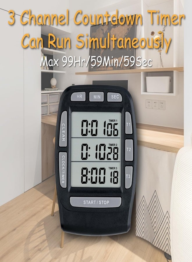 Jayron JR-KT001 Digital Timer Large LCD 3 Channel Countdown Timer,Kitchen Timer,Count Down Count Up Timer Cooking Timer Reset Clock Alarm Loud Strong Magnet Bracket for Kids Elderly (Black) - Image 2