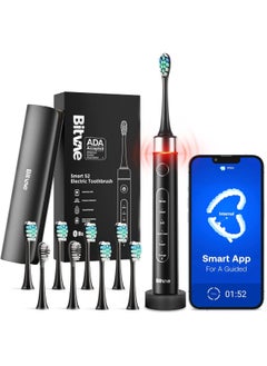 Bitvae Smart Ultrasonic Whitening Electric Toothbrush for Adults - Bluetooth Electric Toothbrush with Pressure Sensor & Smart Timer, ADA Accepted Rechargeable Toothbrush, 8 Brush Heads, Black S2