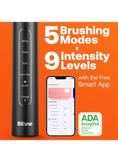 Bitvae Bitvae Smart Ultrasonic Whitening Electric Toothbrush for Adults - Bluetooth Electric Toothbrush with Pressure Sensor & Smart Timer, ADA Accepted Rechargeable Toothbrush, 8 Brush Heads, Black S2  - Image 5