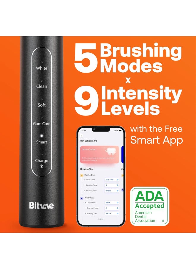 Bitvae - Bitvae Smart Ultrasonic Whitening Electric Toothbrush for Adults - Bluetooth Electric Toothbrush with Pressure Sensor & Smart Timer, ADA Accepted Rechargeable Toothbrush, 8 Brush Heads, Black S2 - Image 1