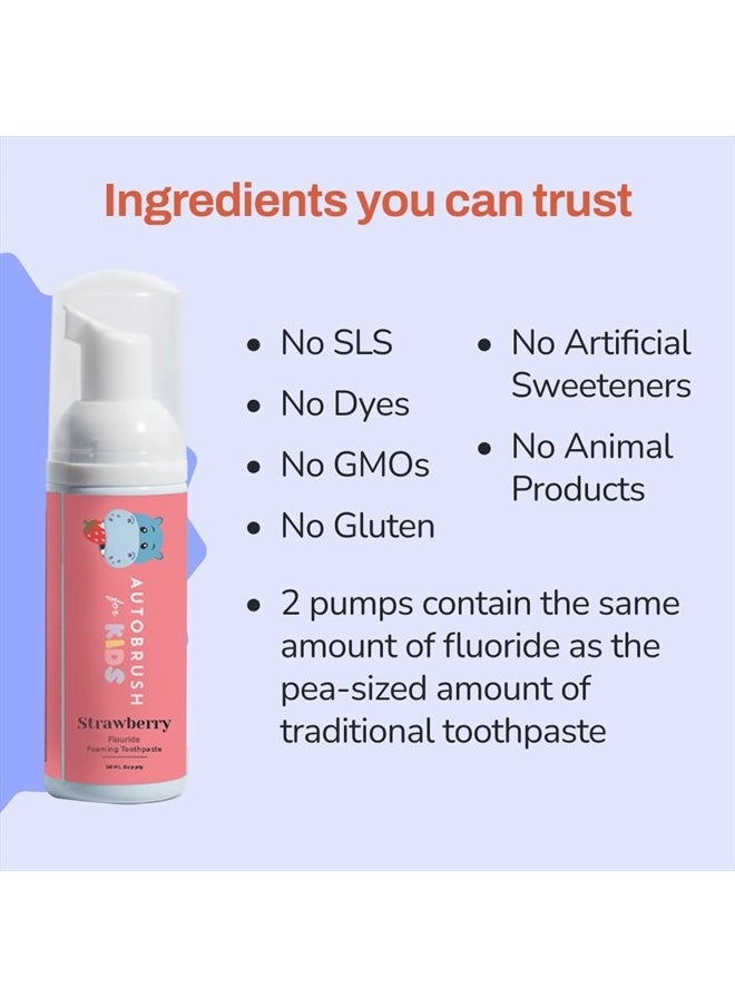 Kids Fluoride Foaming Toothpaste Strawberry Flavor for Electric or U-Shaped Toothbrush, SLS-Free, Training Toothpaste, Anti-Cavity, Travel Friendly (2 Pack)