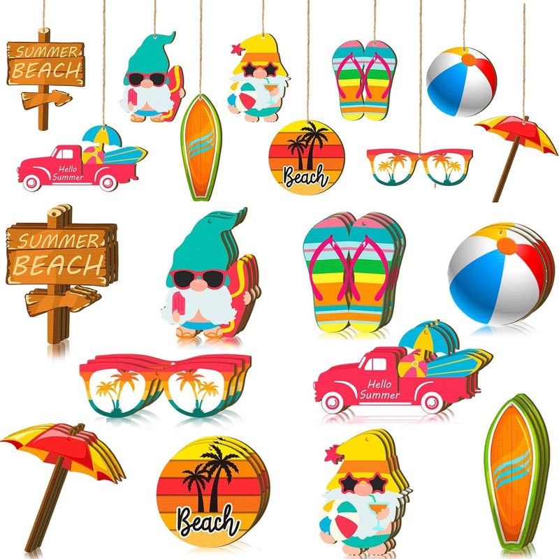 Chunful 30 Pcs Wood Hanging Ornaments Beach Wooden Slices Hanging Spring Tree Ornaments Summer Ornaments Summer Tree Decorations with String for Luau Party Supplies Hawaiian Party Decorations (Vivid Style) - Image 1