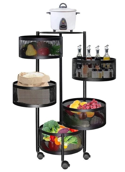 5 Layer Round Shape Rotating Multipurpose Cart Kitchen Storage Shelf For Fruits And Vegetables Basket With 4 Movable Wheels Black Colour