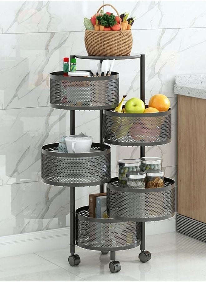 5 Layer Round Shape Rotating Multipurpose Cart Kitchen Storage Shelf For Fruits And Vegetables Basket With 4 Movable Wheels Black Colour
