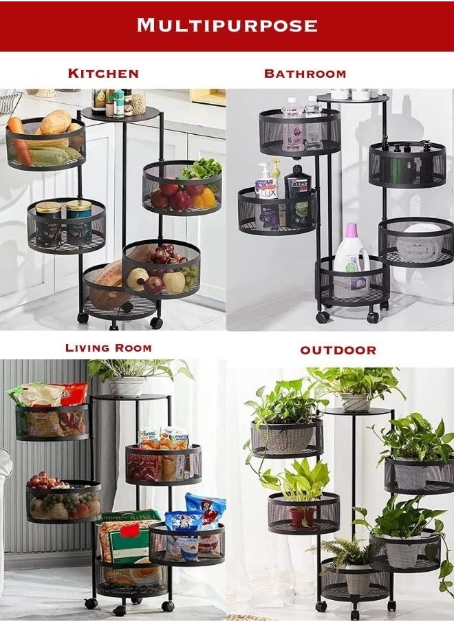 5 Layer Round Shape Rotating Multipurpose Cart Kitchen Storage Shelf For Fruits And Vegetables Basket With 4 Movable Wheels Black Colour