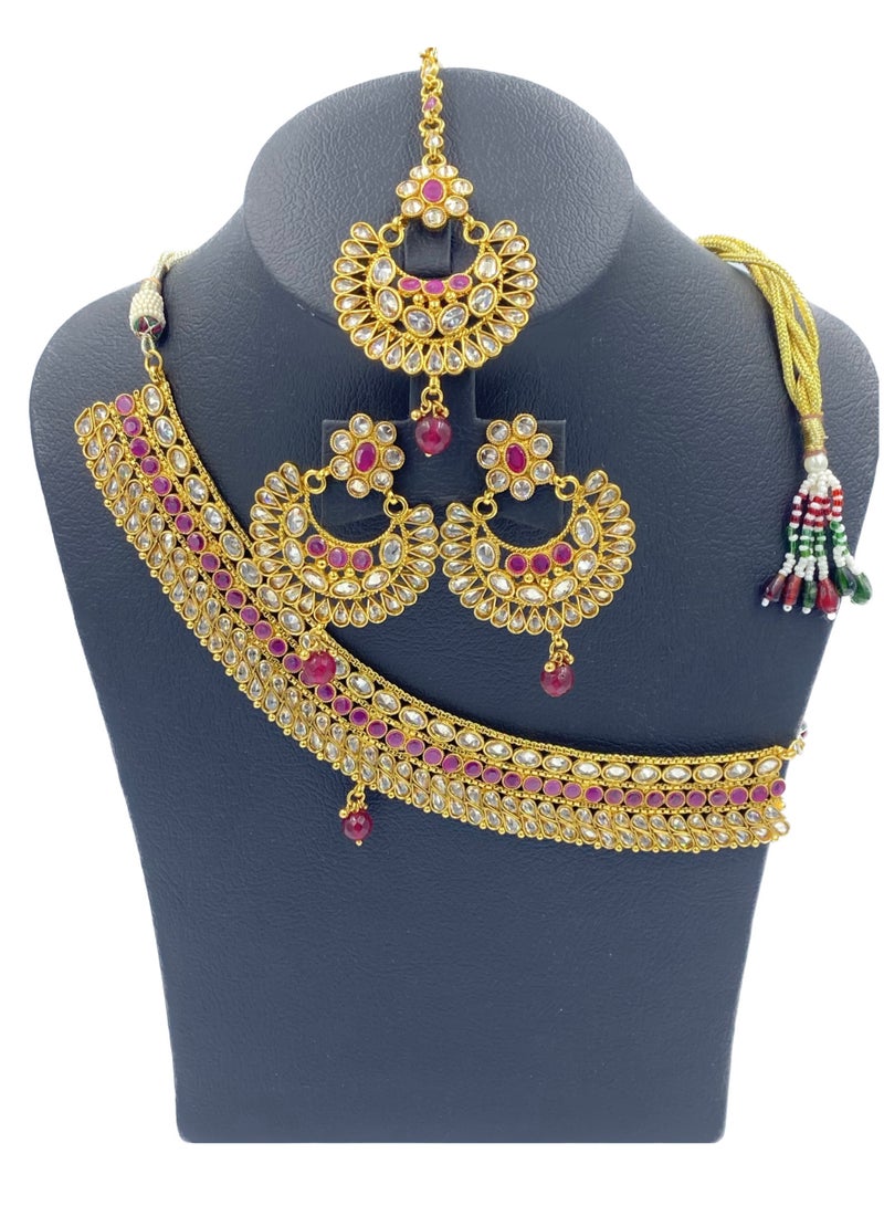 GOHONA Royal Bling Bollywood Traditional Indian Kundan Jewellery Necklace With Earrings Set and 1 Tikka in MAROON  colour - Image 1