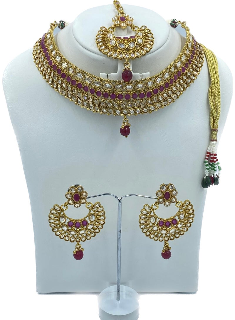 GOHONA Royal Bling Bollywood Traditional Indian Kundan Jewellery Necklace With Earrings Set and 1 Tikka in MAROON  colour - Image 2