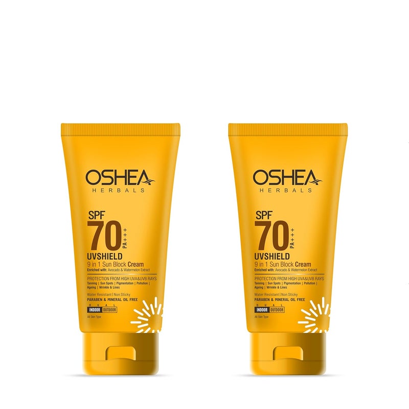Oshea Herbals UVShield Sunscreen SPF 70 PA For All Skin Types Non Sticky Water Resistant UVA UVB Protection Enriched with Watermelon Avocado Extract 120g Pack of 2 - Image 1
