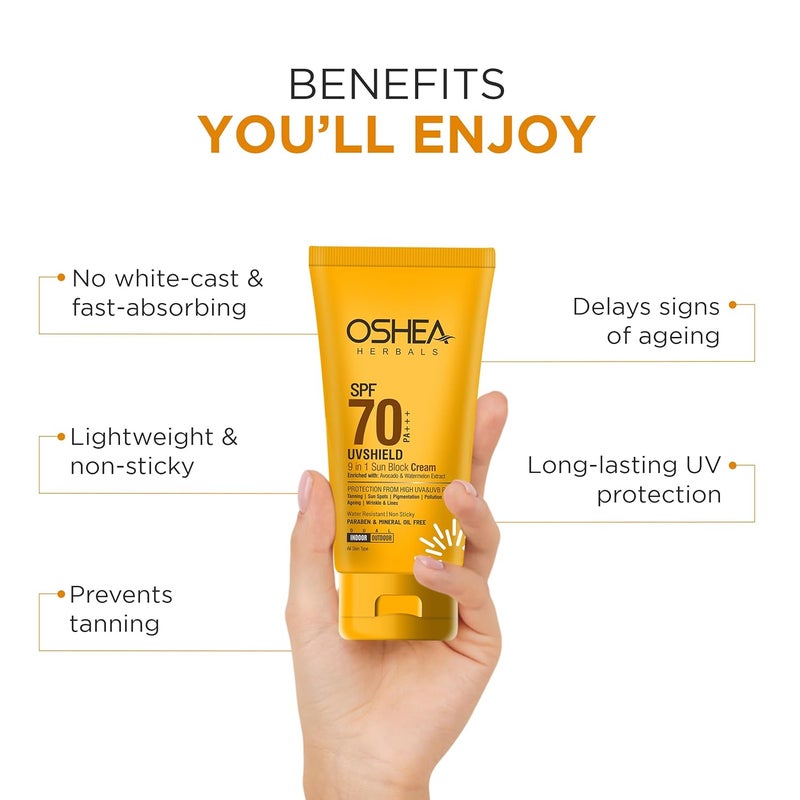 Oshea Herbals UVShield Sunscreen SPF 70 PA For All Skin Types Non Sticky Water Resistant UVA UVB Protection Enriched with Watermelon Avocado Extract 120g Pack of 2 - Image 5
