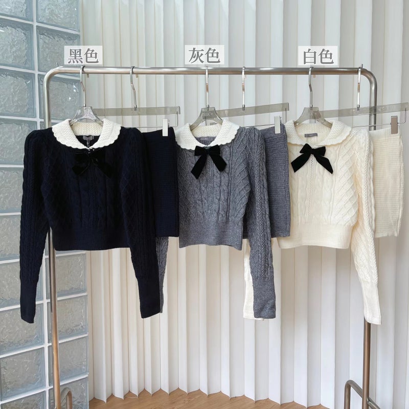 Real shot design sense knitted sweater set 2023 early autumn temperament suit skirt two-piece set Grey Grey - Image 3