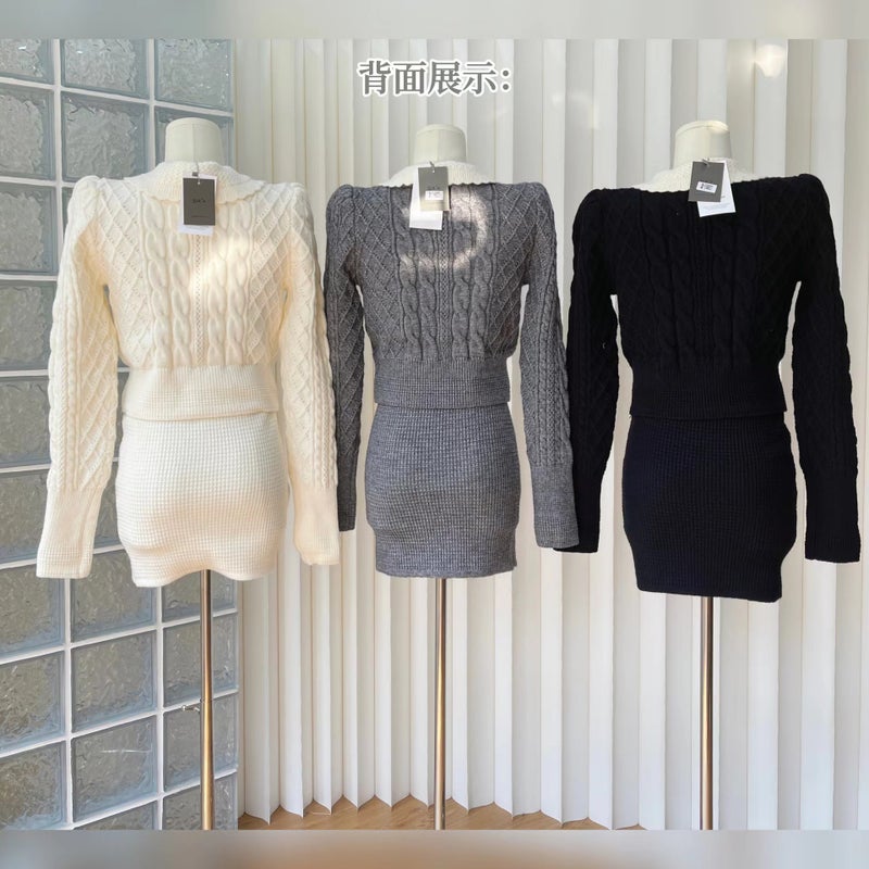 Real shot design sense knitted sweater set 2023 early autumn temperament suit skirt two-piece set Grey Grey - Image 4