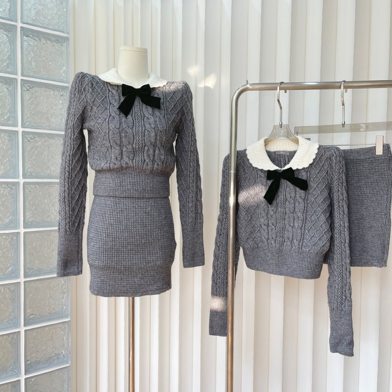 Real shot design sense knitted sweater set 2023 early autumn temperament suit skirt two-piece set Grey Grey - Image 5