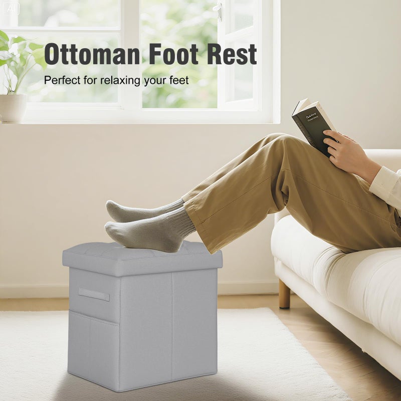 BelugaHelper Ottoman with Storage, Ottoman Foot Rest Stool with Handles & Side Pocket. Folding Leather Storage Bench with Thicker Foam Padded Seat. Slim Tall Ottomans for Living Room 350lbs, 17x13x17in, Grey - Image 2