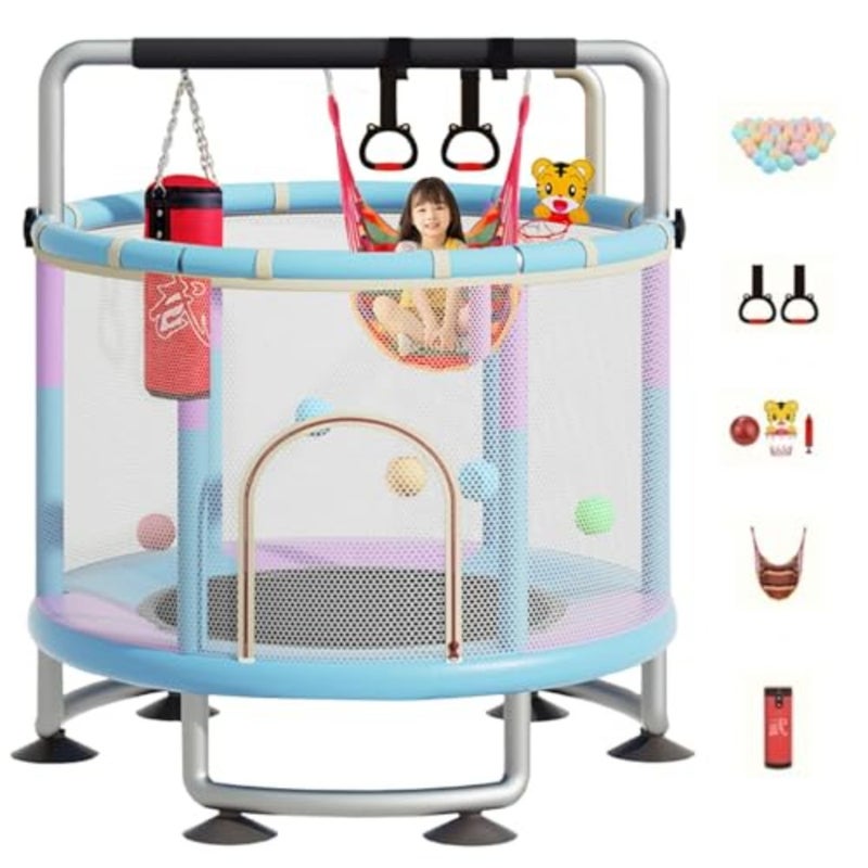 Indoor Outdoor Trampoline for,Toddler Trampoline with Safety Enclosure Net, Mini Baby Trampoline with Basketball Hoop/Swing/Sandbag, 's Bungee Jumping Trampolines - Image 1