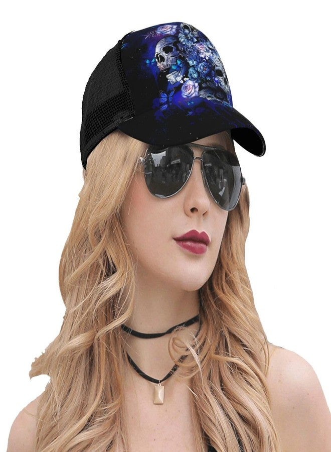 Majoug Blue Flower Sugar Skull Unisex Baseball Cap Adjustable Dad Hat Trucker Hat Outdoor Cap Sun Hats for Men Women - Image 5
