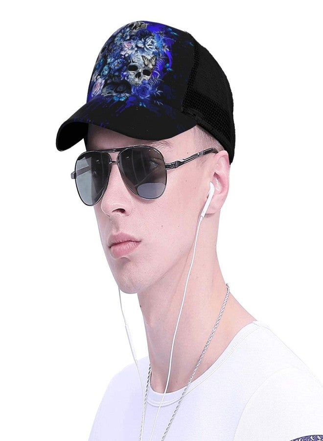 Majoug Blue Flower Sugar Skull Unisex Baseball Cap Adjustable Dad Hat Trucker Hat Outdoor Cap Sun Hats for Men Women - Image 4