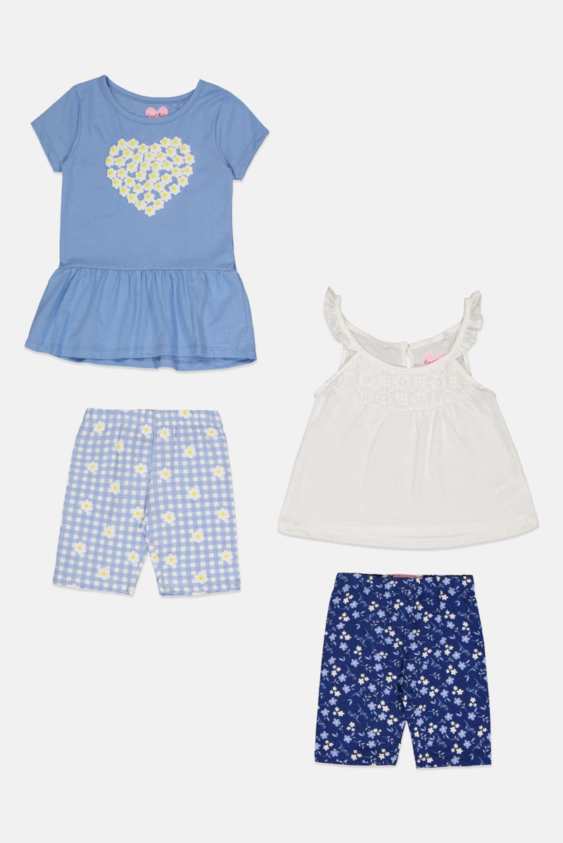 Freestyle فستان مطبوع بأربعة قطع للبنات الصغيرات، قميص بدون أكمام وشورتات، متعدد الألوان - Image 2