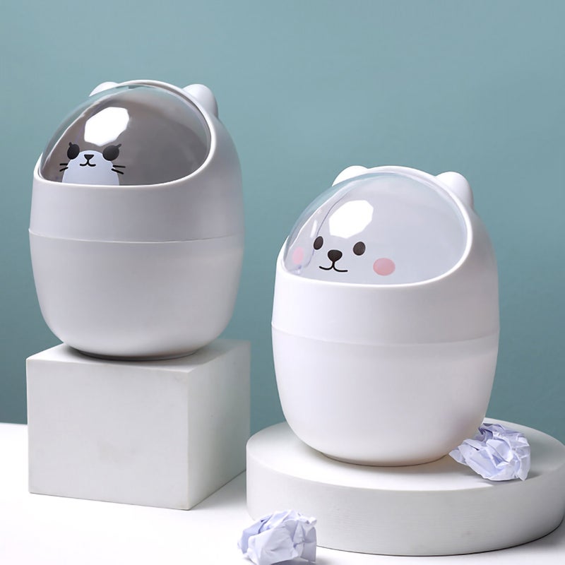 Mini Desktop Trash Can Cute Appearance Large Opening Desk Plastic Garbage Can Detachable Waste Basket with Lid White - Image 2