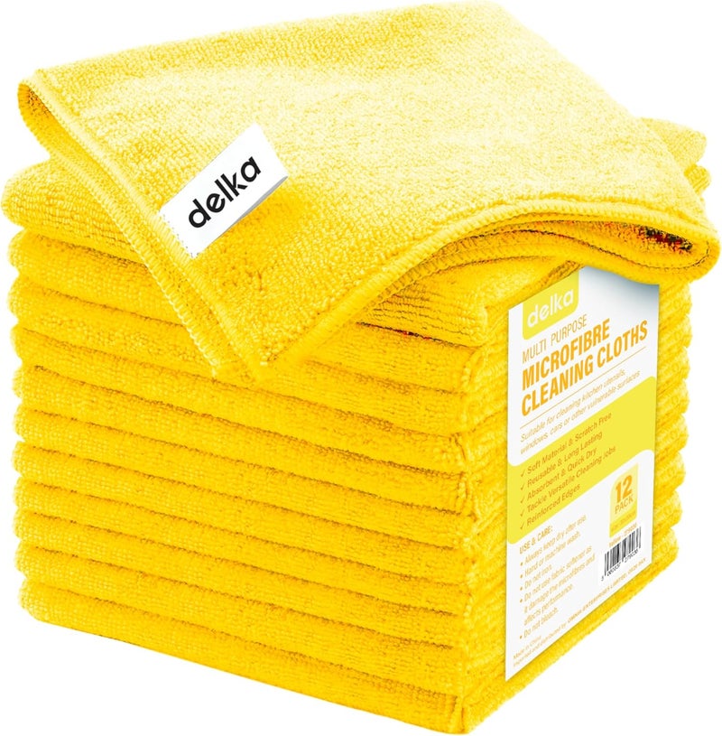 delka Microfibre Cleaning Cloths - Multi-Purpose, Ultra Soft & Lint-Free, 12 Pack (Yellow) - Image 1