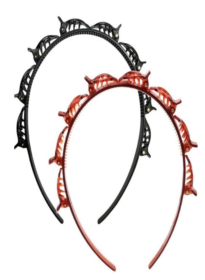 Jowxsx 2Pcs Black and Brown Double Bangs Hairstyle Hairpin Headband With 8 Small Clips Women Double Layer Twist Plait Hair Tools Clip Toothed Hairs Bands Braid Tool Hair Accessories,Women's Fashion Headbands - Image 1