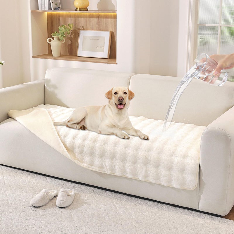 Hittun Waterproof Dog Bed Cover Non Slip Couch Covers for Dogs Washable Soft Faux Fur Sofa Cover Couch Covers for 3 Cushion Couch Sofa Pet Friendly (Off White) - Image 1