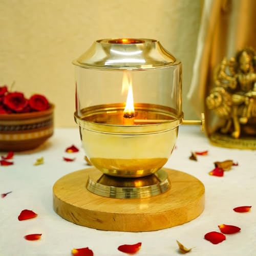 Ekhasa 100% Pure Brass Akhand Jyot Diya with Adjustable Bati Knob, Wick Lifting Screw Lever, Glass Cover (Large Size, 250 ml Oil Capacity, Stay Lit for 48 Hours, Wick Included, Authentic Borosilicate) - Image 1