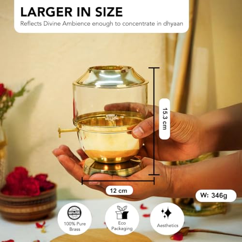 Ekhasa 100% Pure Brass Akhand Jyot Diya with Adjustable Bati Knob, Wick Lifting Screw Lever, Glass Cover (Large Size, 250 ml Oil Capacity, Stay Lit for 48 Hours, Wick Included, Authentic Borosilicate) - Image 2