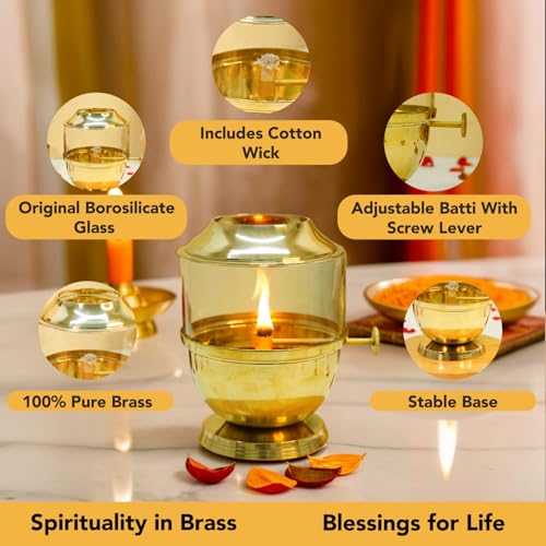 Ekhasa 100% Pure Brass Akhand Jyot Diya with Adjustable Bati Knob, Wick Lifting Screw Lever, Glass Cover (Large Size, 250 ml Oil Capacity, Stay Lit for 48 Hours, Wick Included, Authentic Borosilicate) - Image 3