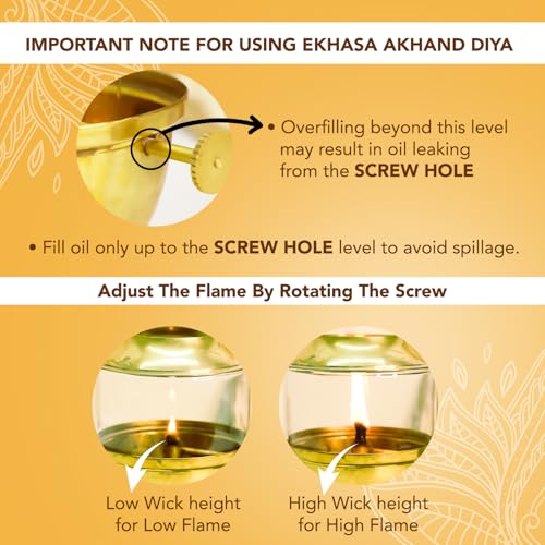 Ekhasa 100% Pure Brass Akhand Jyot Diya with Adjustable Bati Knob, Wick Lifting Screw Lever, Glass Cover (Large Size, 250 ml Oil Capacity, Stay Lit for 48 Hours, Wick Included, Authentic Borosilicate) - Image 4